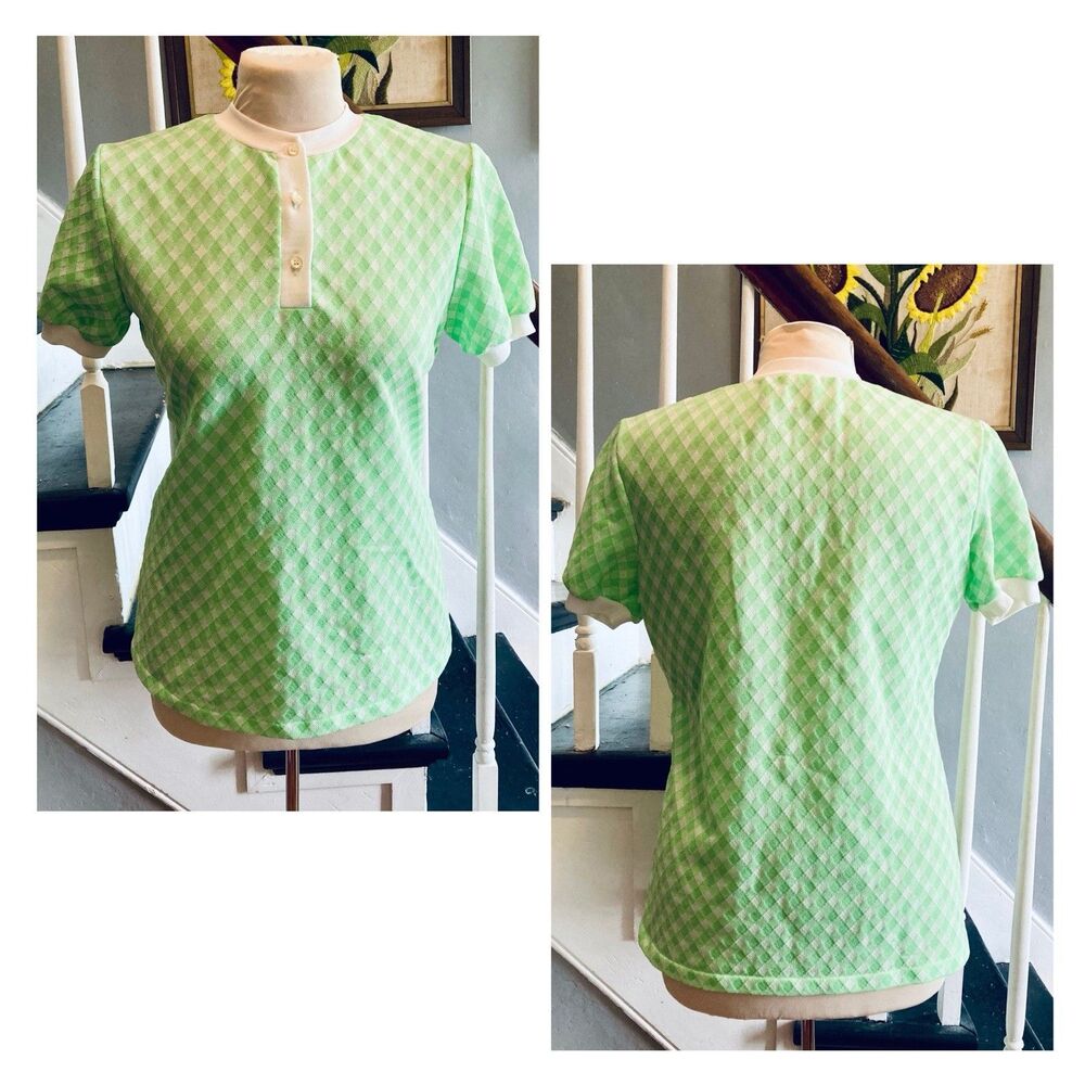 1970s Spring Green Gingham Catalina Swimwear Knit Top Puff Sleeves Mod Country